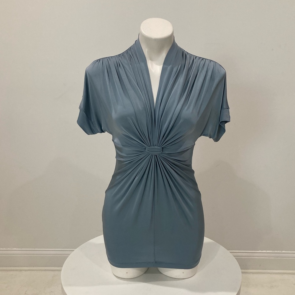 BCBG Maxazria ladies short sleeve dressy silky blouse ruched v neck sky blue S - Picture 3 of 13